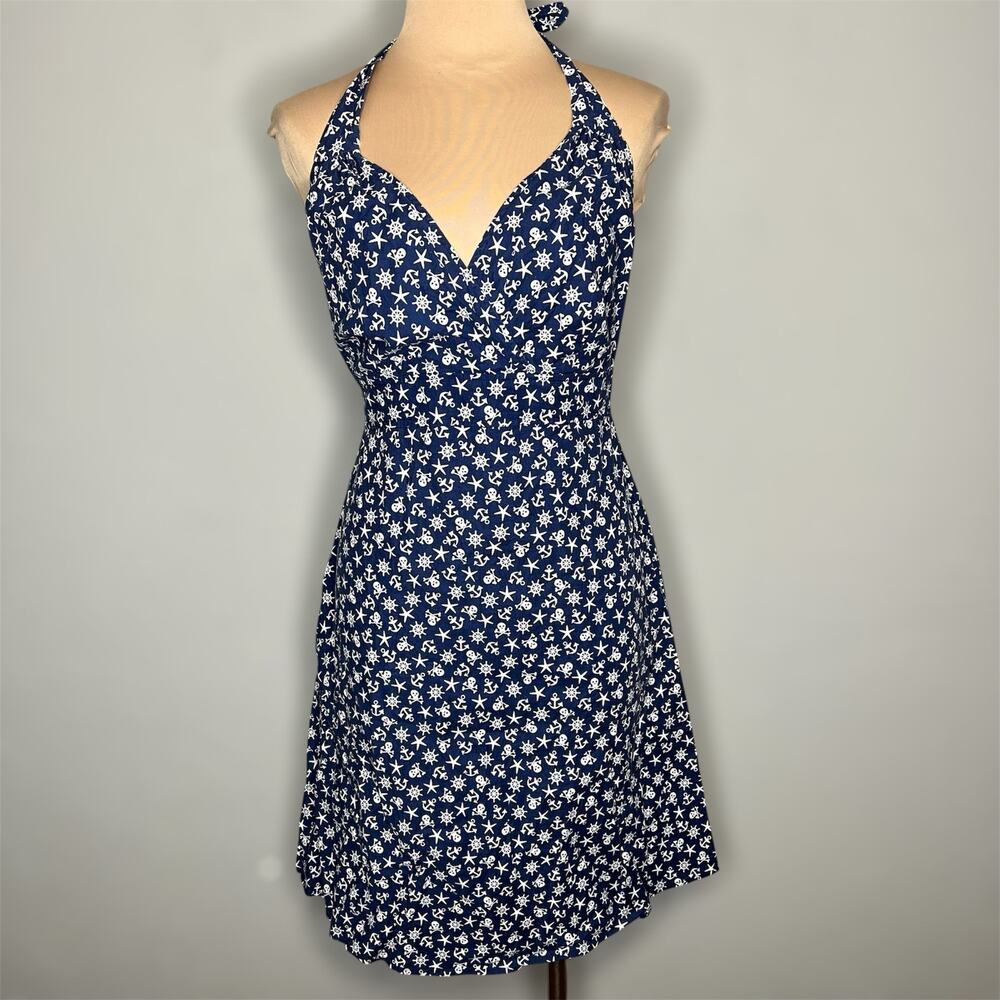 Vtg Torrid Halter Dress M/L Women Skull Nautical Sailor Novelty Print Y2K Blue